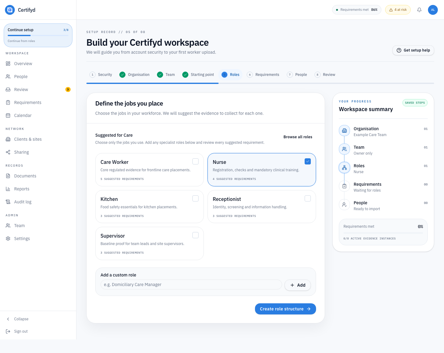 Certifyd platform showing a care organisation defining workforce roles and evidence requirements