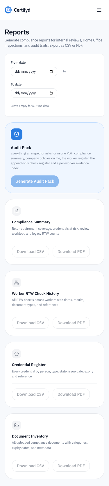 Certifyd mobile reports screen with audit pack and compliance report options