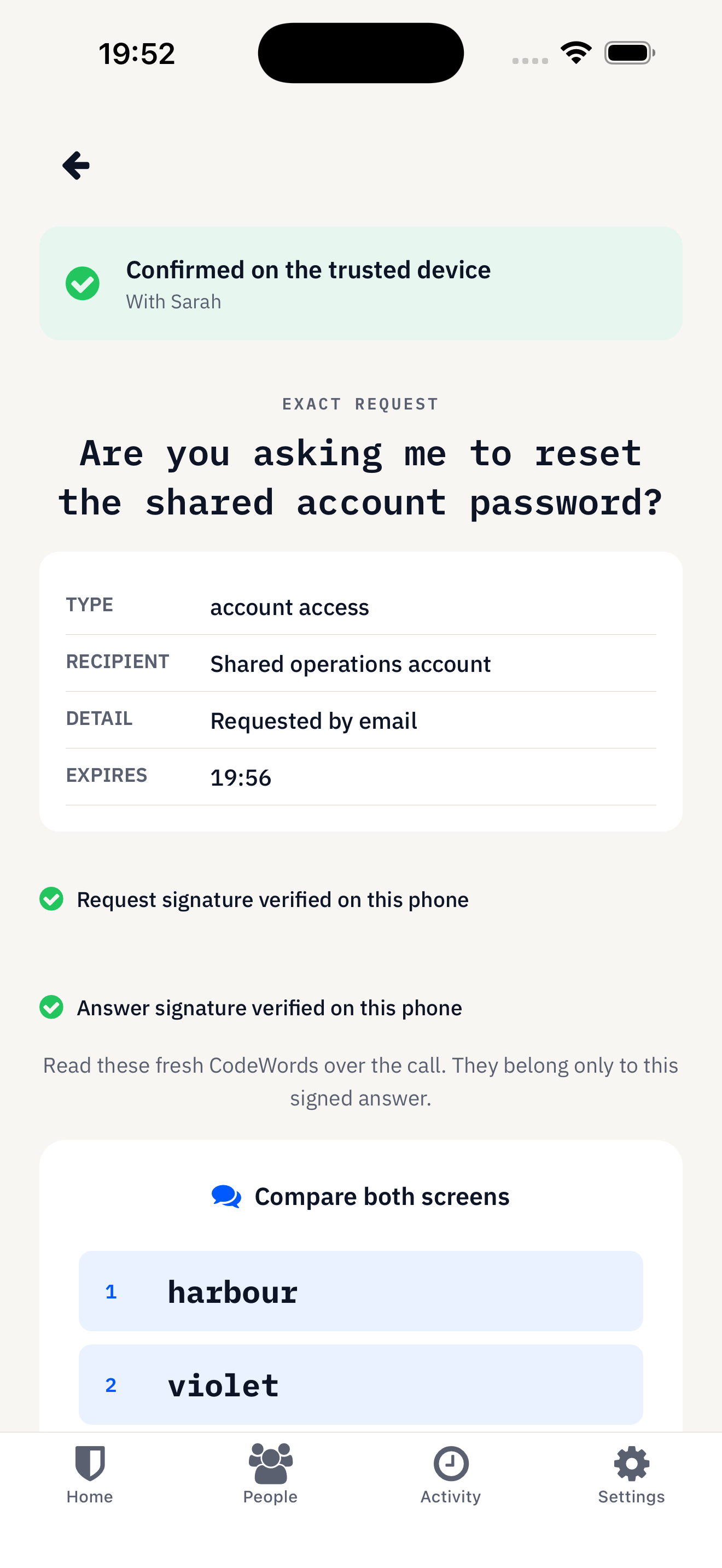 CodeWords result confirming that an enrolled phone approved a password reset request