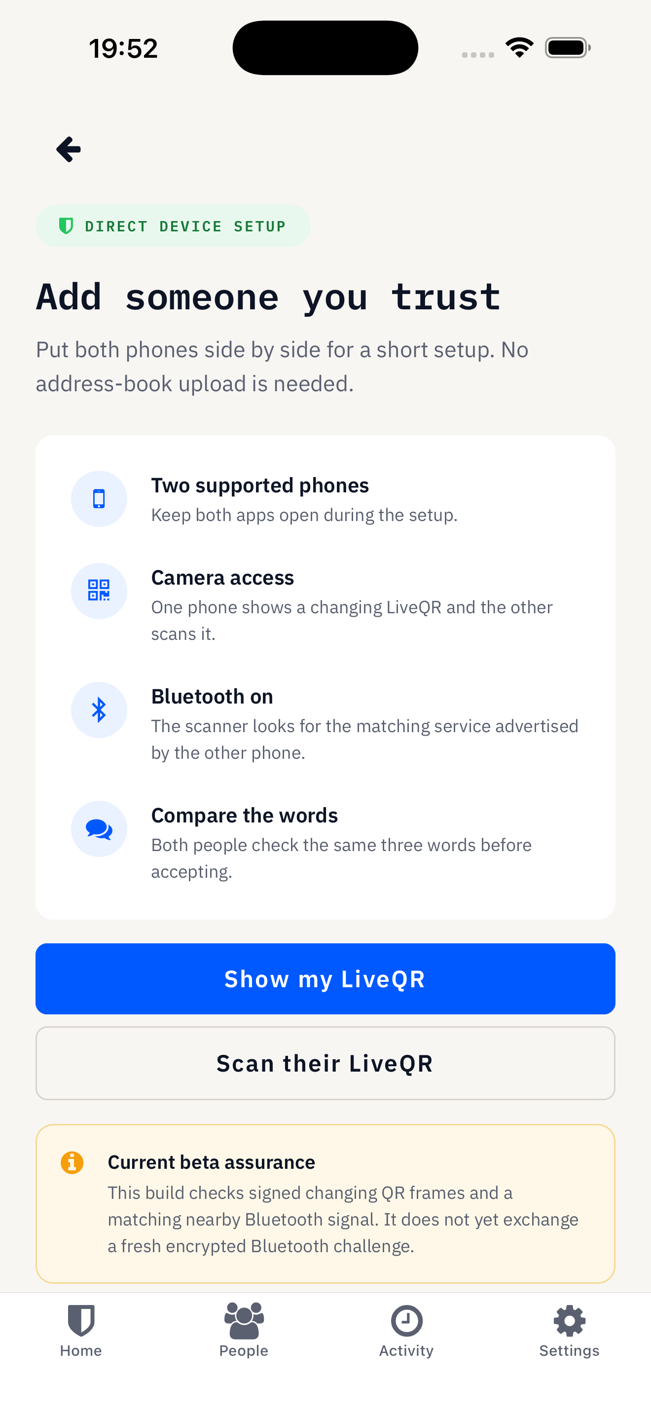Direct device setup screen explaining LiveQR, Bluetooth and word comparison