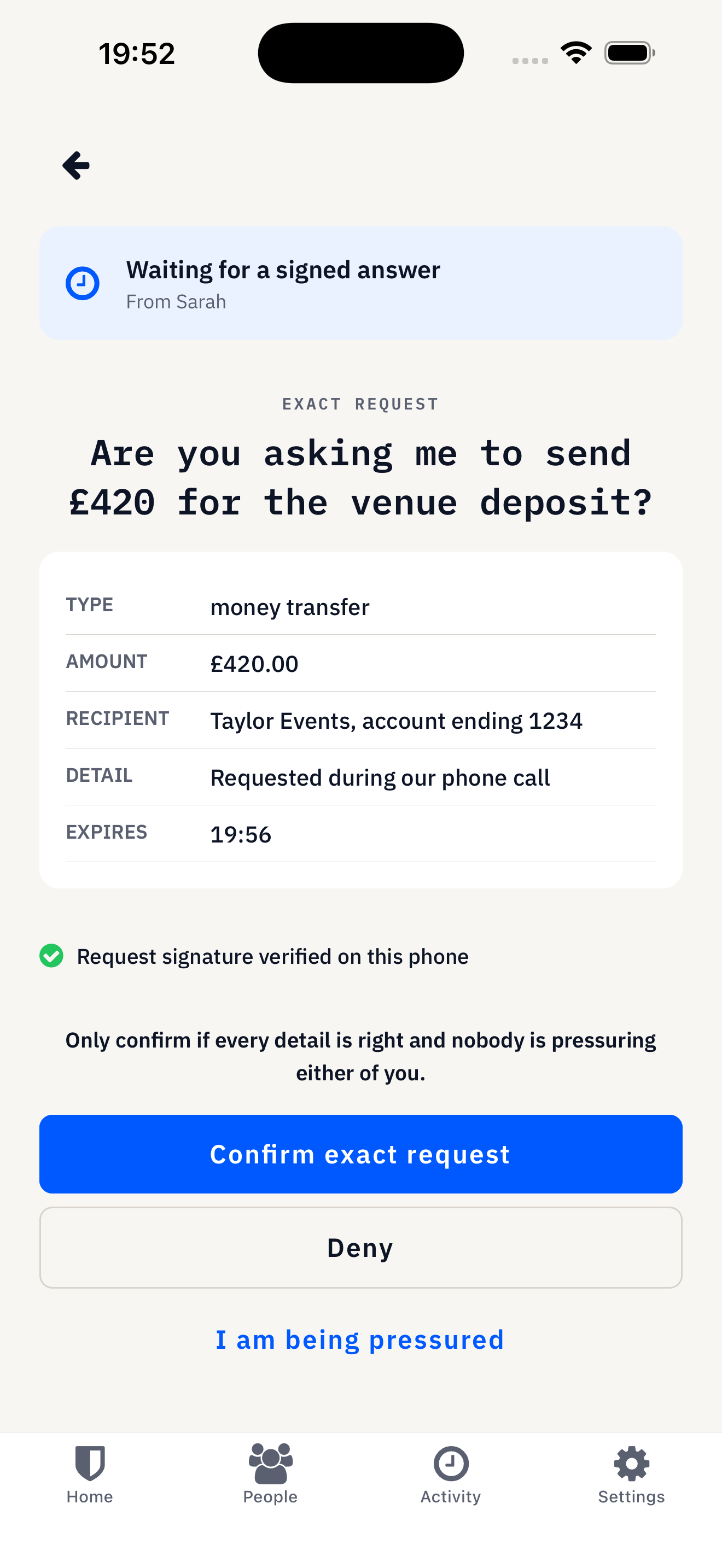 Incoming CodeWords challenge asking about an exact venue deposit request